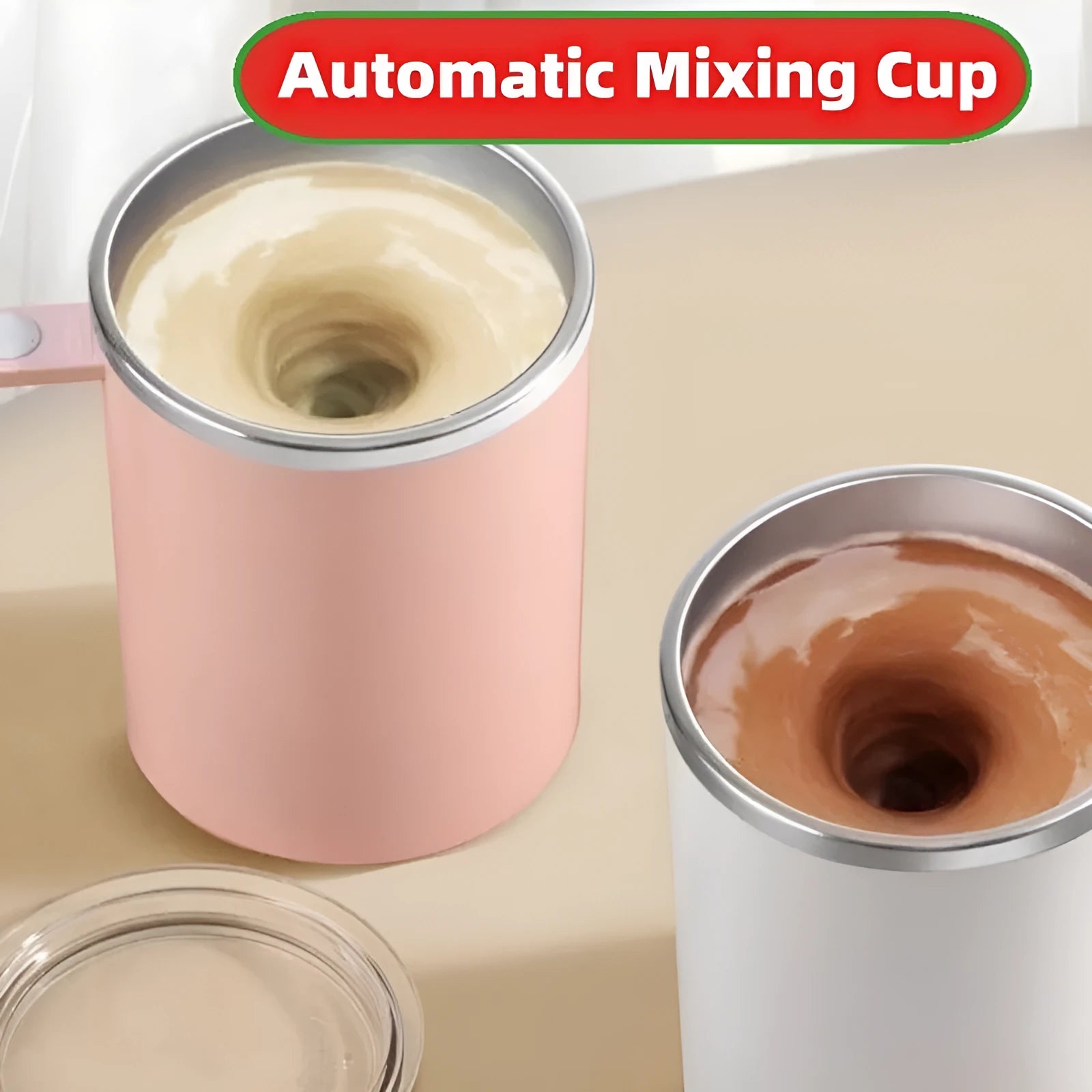 White automatic stirring coffee cup with magnetic base and stainless steel interior