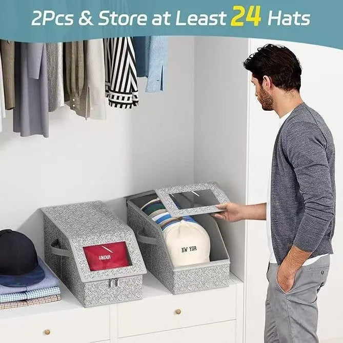Grey foldable woven fabric storage box for baseball caps and shoes, shown with dimensions 42cm by 22cm by 17cm.