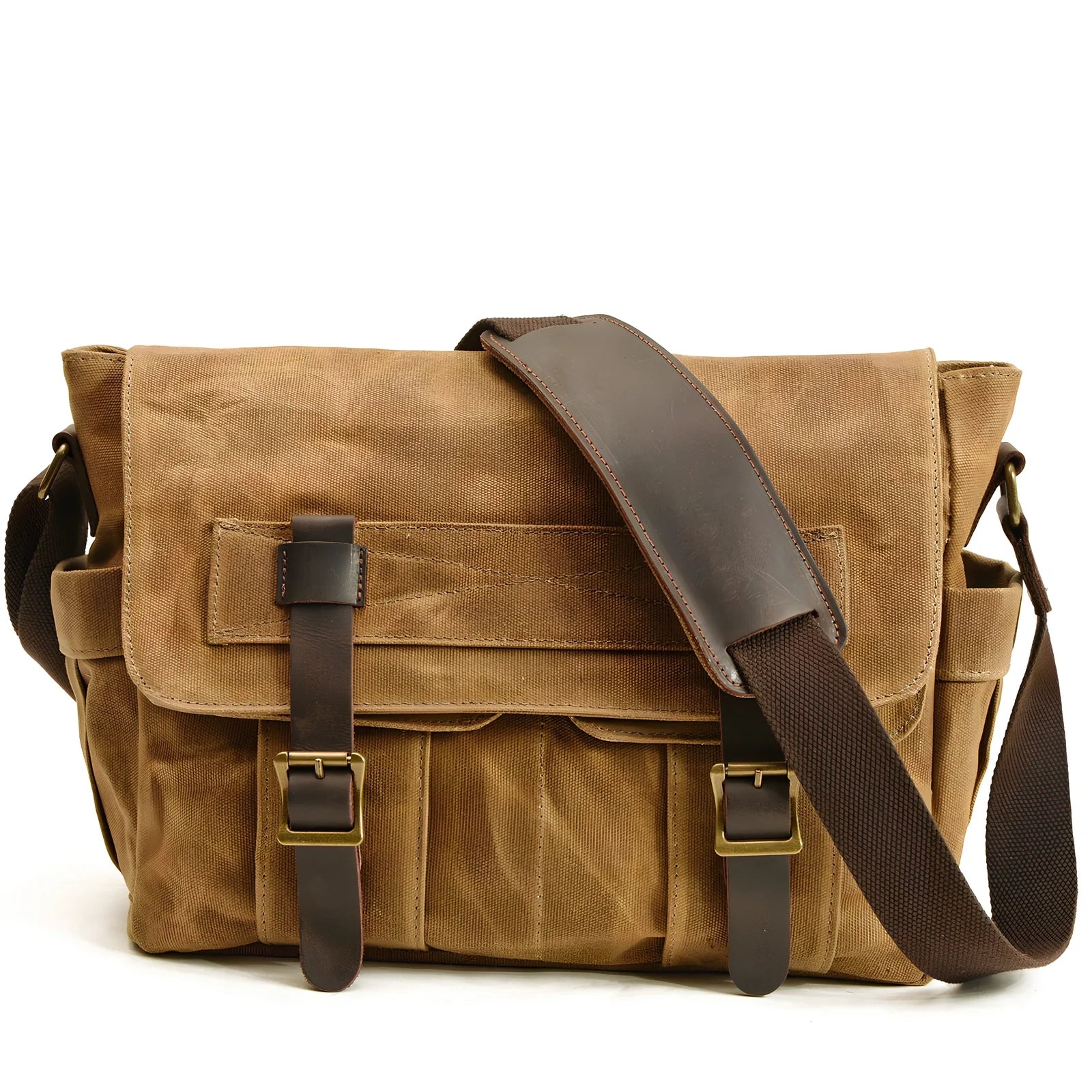 Retro men's canvas shoulder messenger bag in black, waterproof with internal pockets for laptop and phone, medium square size