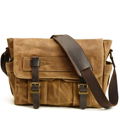 Retro men's canvas shoulder messenger bag in black, waterproof with internal pockets for laptop and phone, medium square size