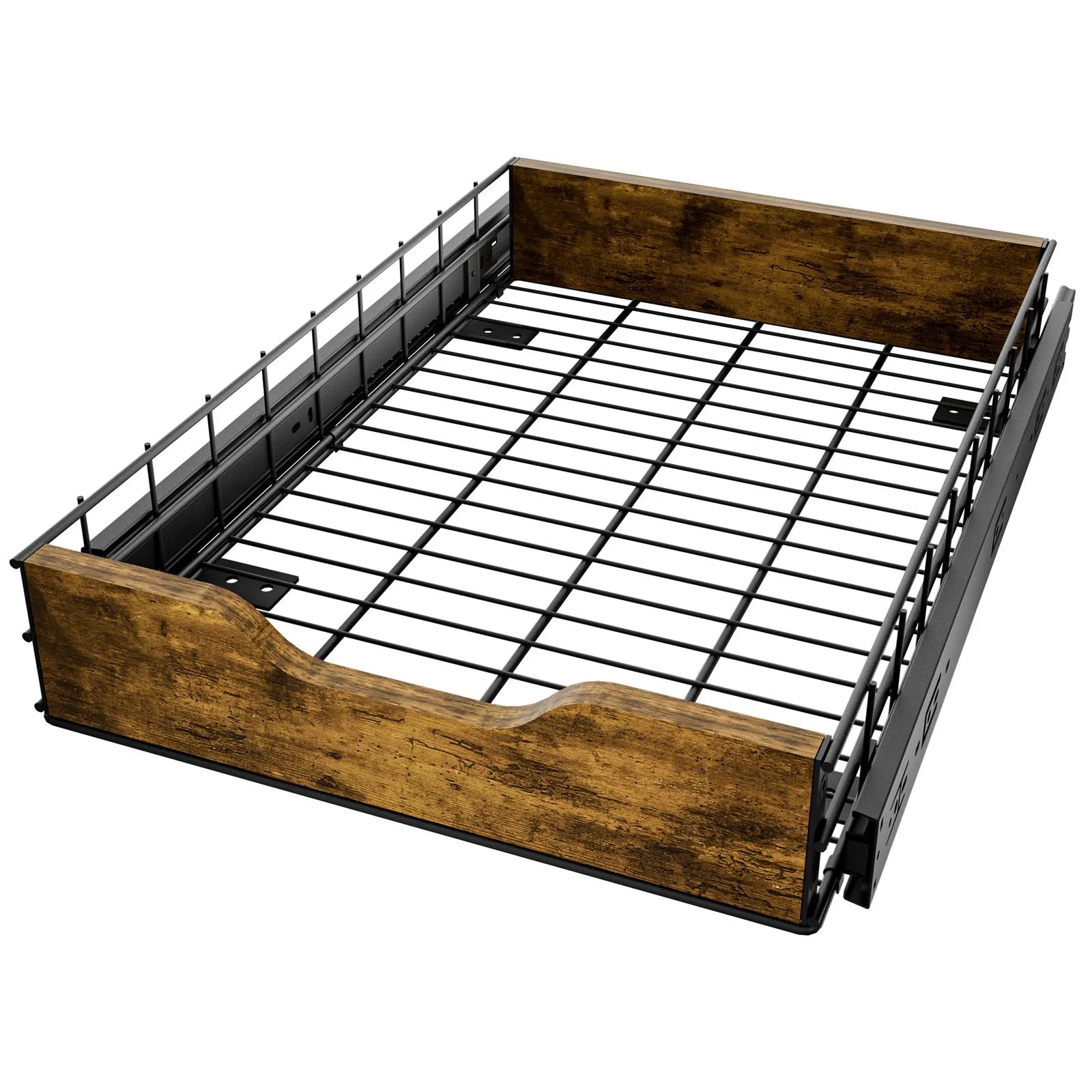 Black wooden and iron storage rack with a pull-out wire basket drawer.