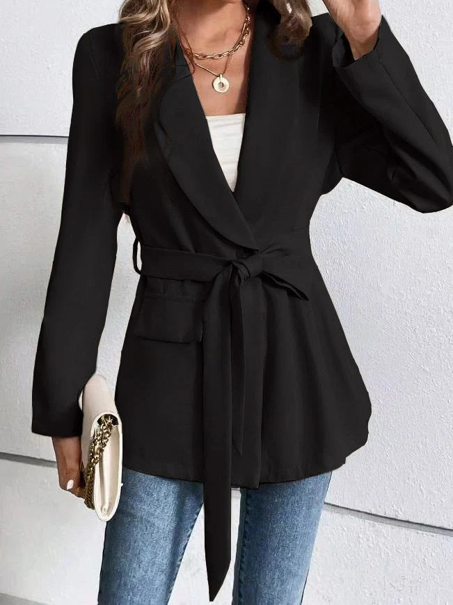 Women's slim fit long sleeve suit coat with lace-up front in black or apricot colours