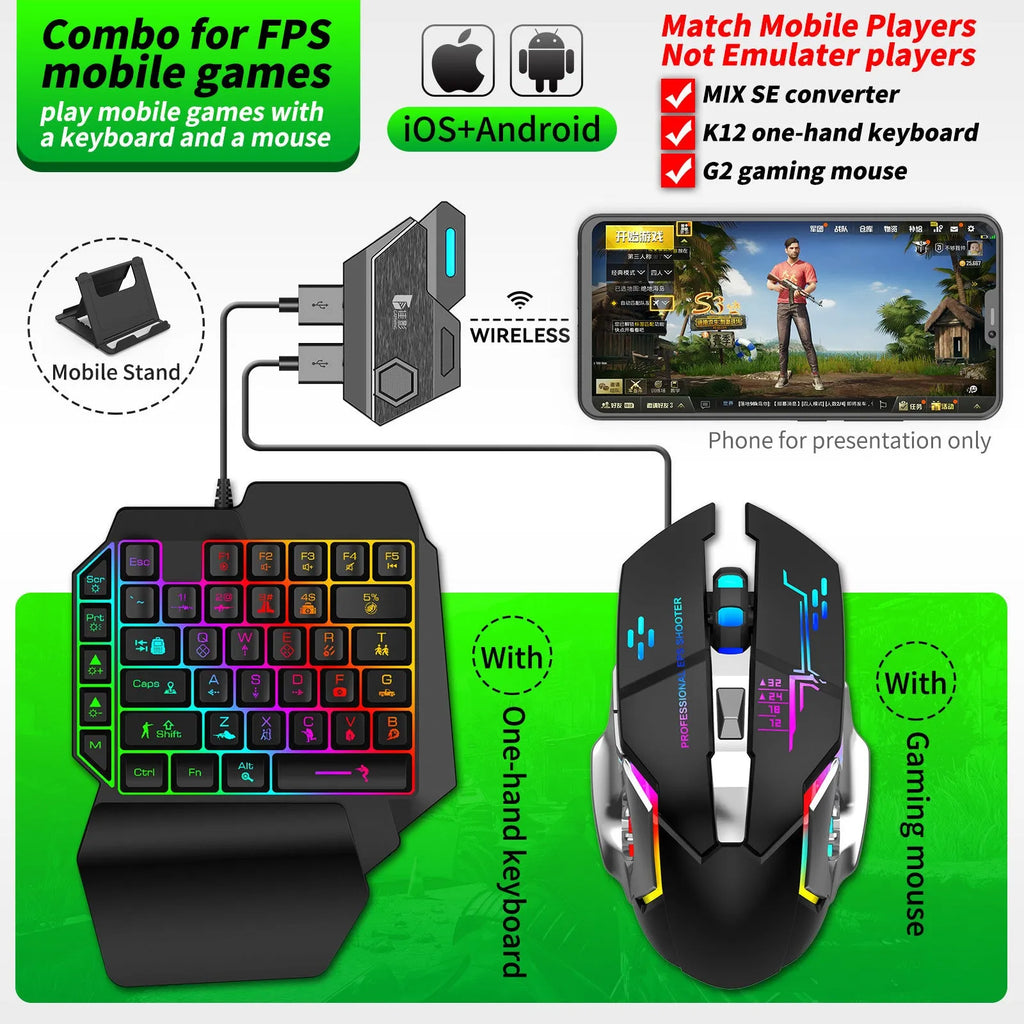Gaming keyboard and mouse converter for mobile phones with USB cable and ABS case.