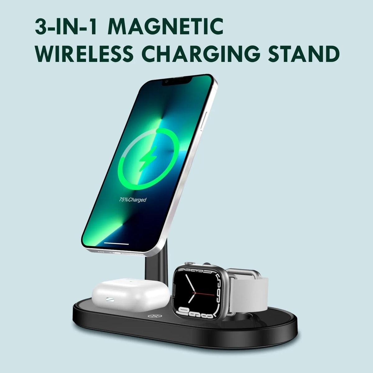Multifunctional three-in-one magnetic wireless charger with phone holder in black, showing a smartphone upright on the stand