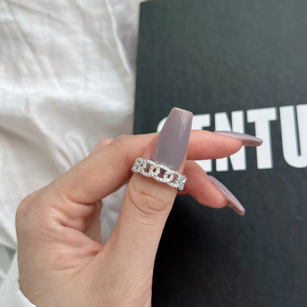 Silver punk chain ring for women in white colour, electroplated finish, size No 6
