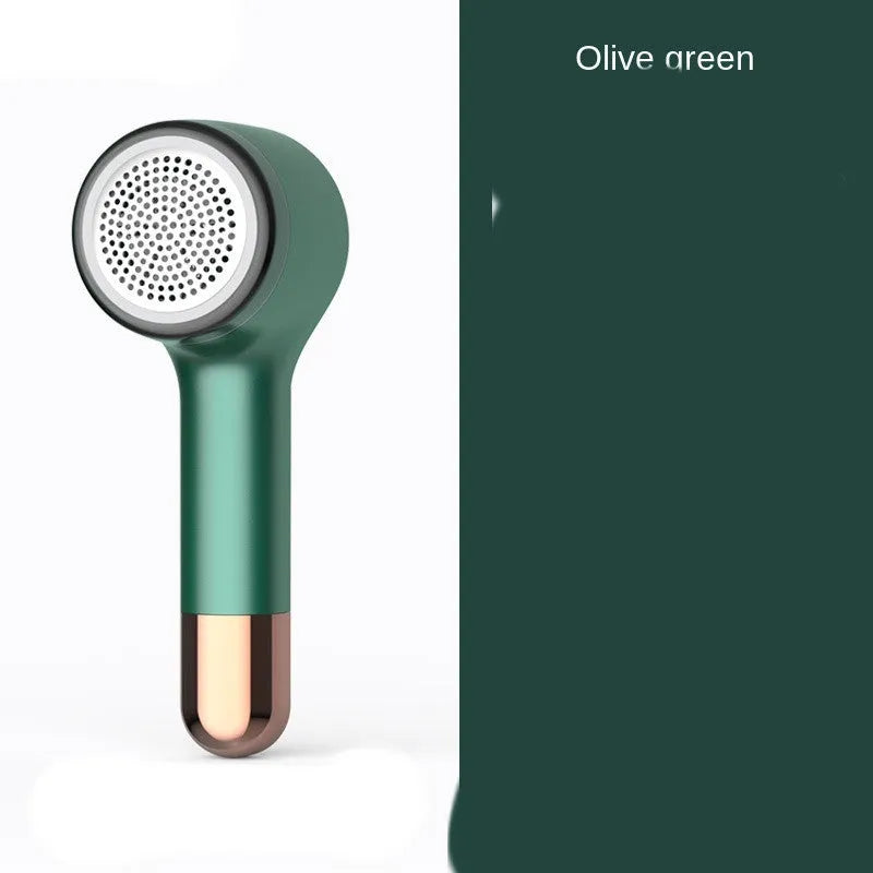 Cordless USB rechargeable hair ball trimmer for removing fluff from clothing and upholstery.