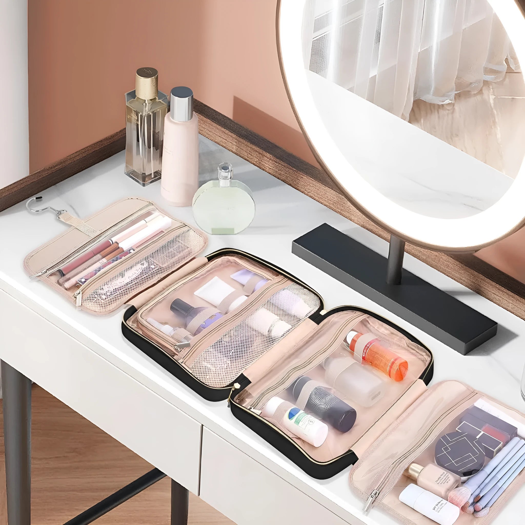 Portable travel storage bag for cosmetics organisation in multiple colour options
