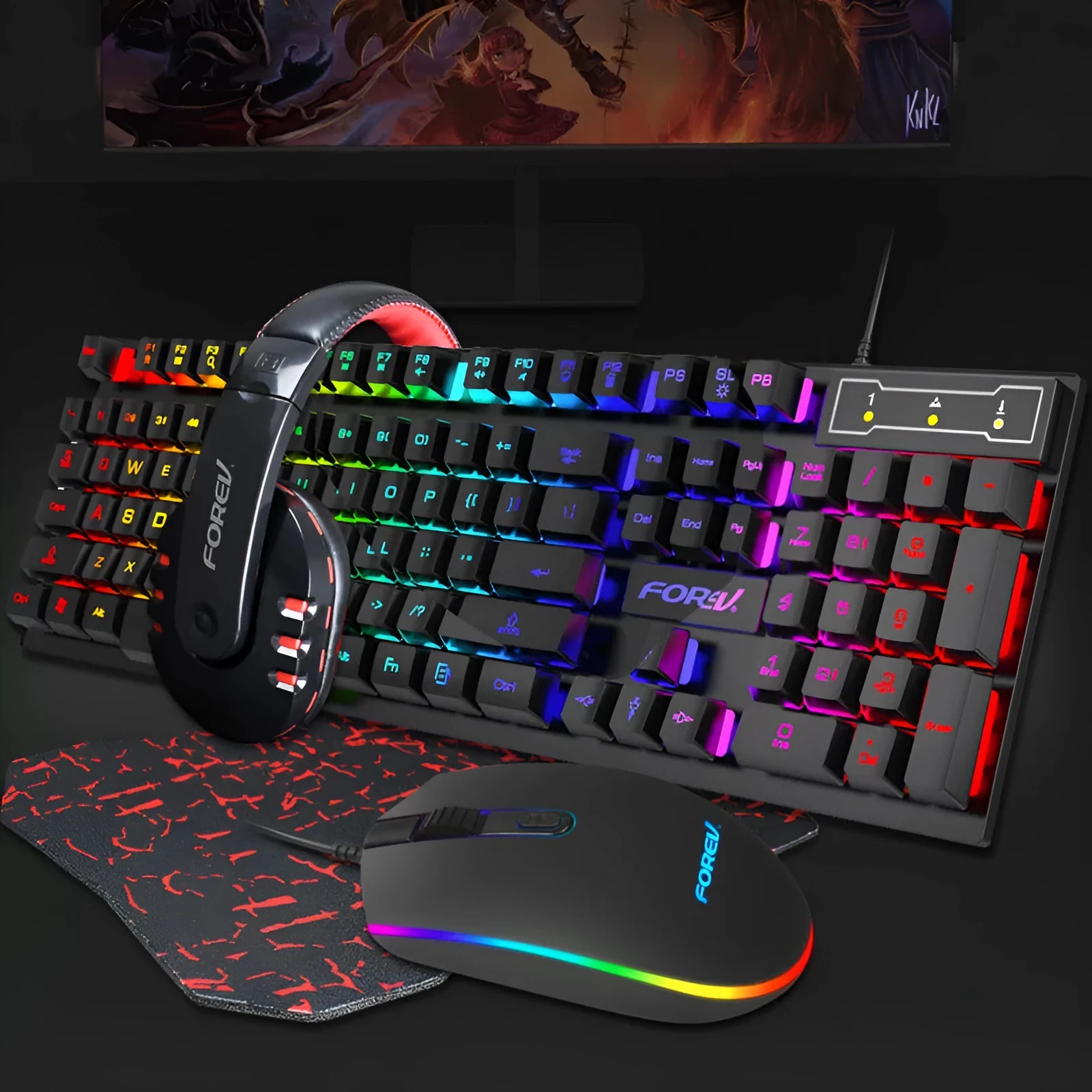 Wired four-piece keyboard mouse headset and mouse pad set with USB cables on a desk