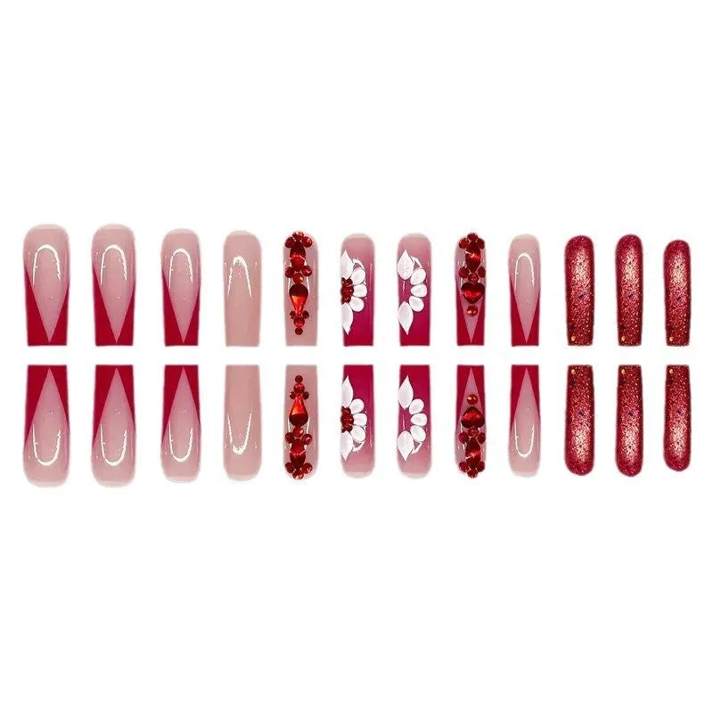 Sweet Flowers pattern fake nails with red diamond accents, European square long shape