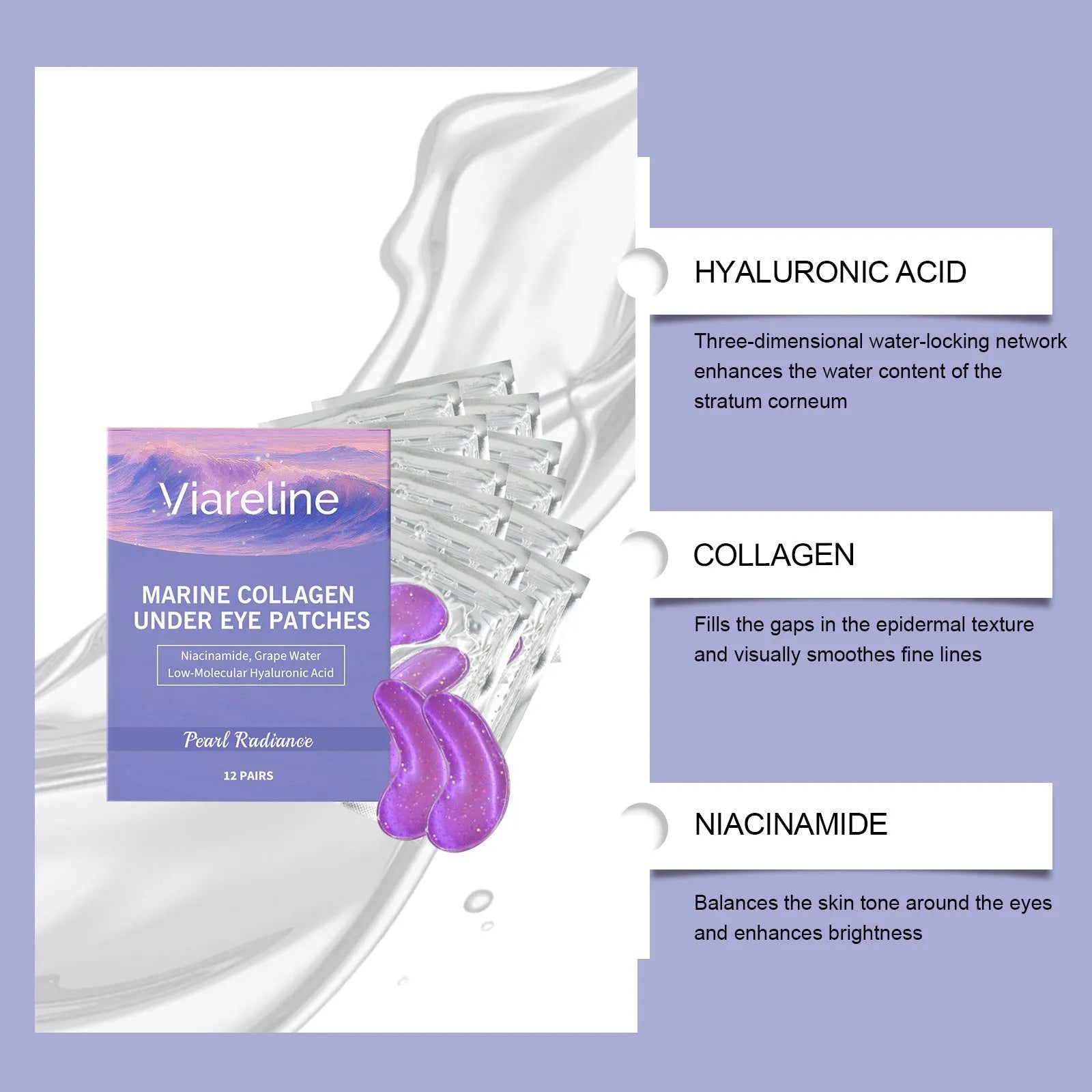 Collagen eye mask pack containing 12 pairs in individual bubble packaging for daily moisturising care