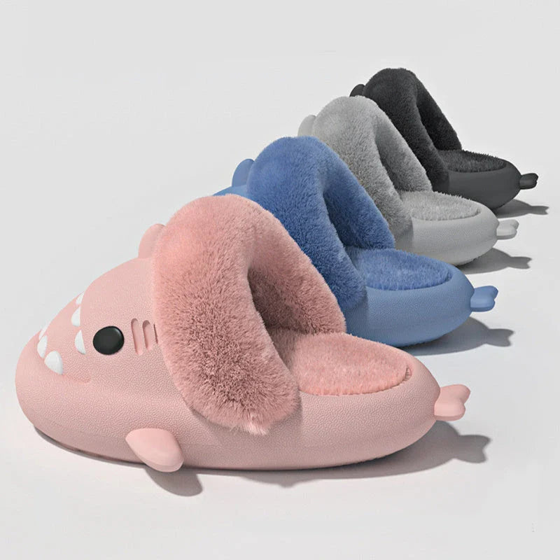 Cozy shark-inspired slippers in various colors, featuring plush, fuzzy material and durable non-slip soles
