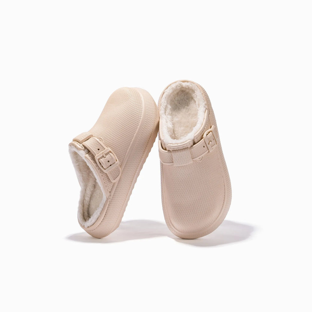 Beige indoor women's cotton slippers on floor, round head, EVA sole, half-pack heel