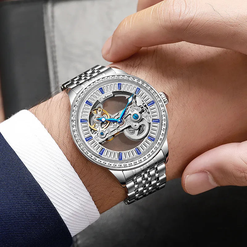 Men's luxury zircon mechanical watch on wrist with rose gold stainless steel strap.