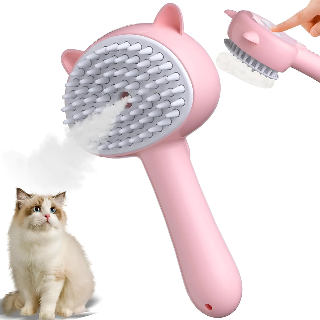 Blue pink yellow 4-in-1 pet steam brush with cat ear-shaped handle and release button