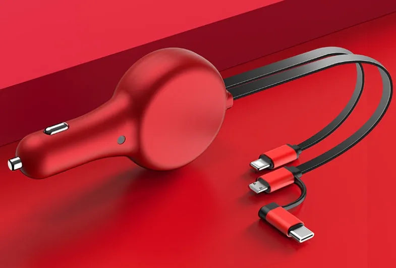 Black retractable car charger with two extended cables and multiple charging heads on a car dashboard.