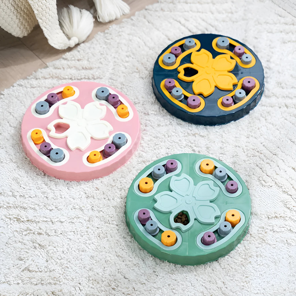 Blue interactive dog slow feeder puzzle toy with compartmentalised design for educational feeding