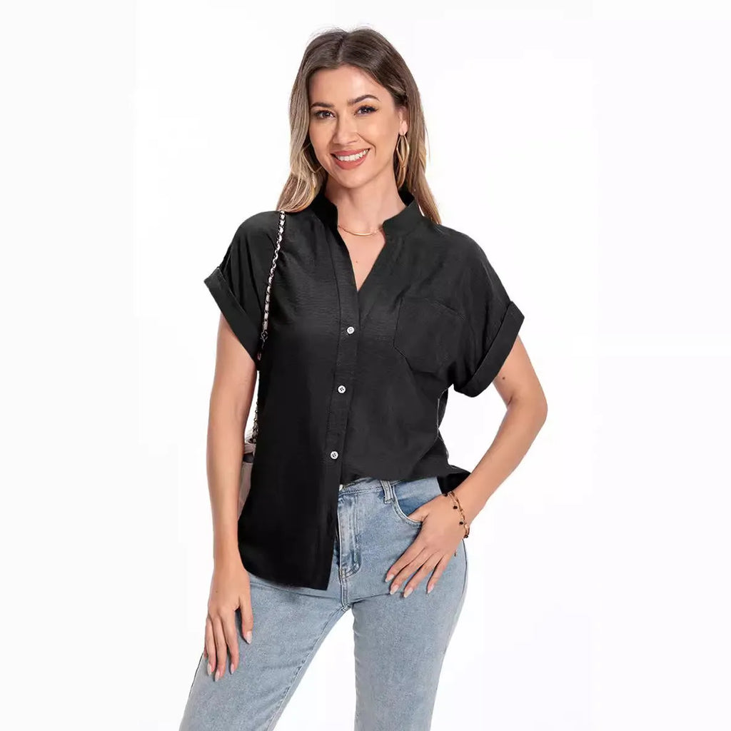 Women's loose summer top with stand collar and button front in polyester fabric with raglan sleeves