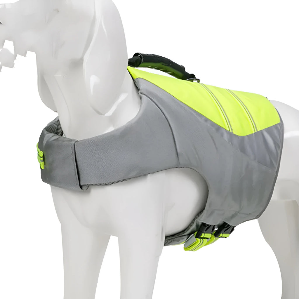 Pet dog swimming life jacket in orange with 3M reflective strips, adjustable straps, and lifting handle