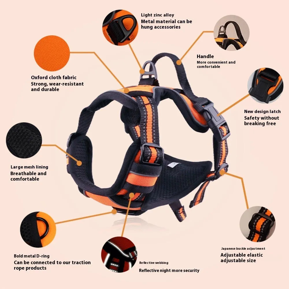 Adjustable outdoor dog chest strap harness made of Oxford cloth in various colours with a D-ring.