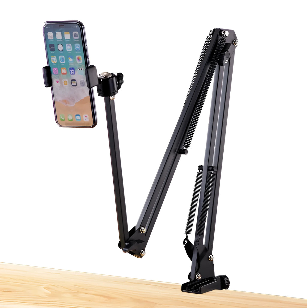 Black foldable metal desktop bracket holding a tablet at an adjustable angle on a desk.