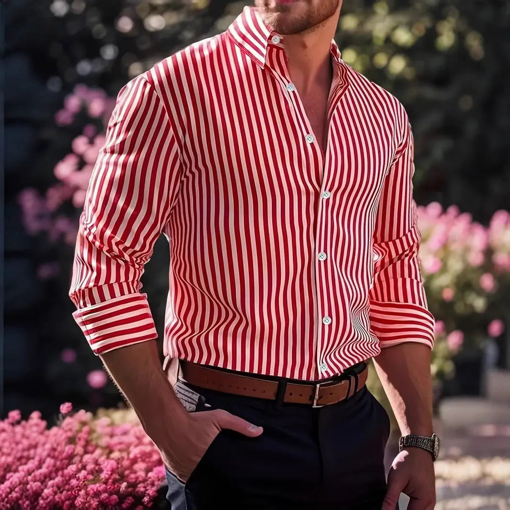 Men's stripe print long sleeve lapel button shirt, loose cardigan style in pink, front view