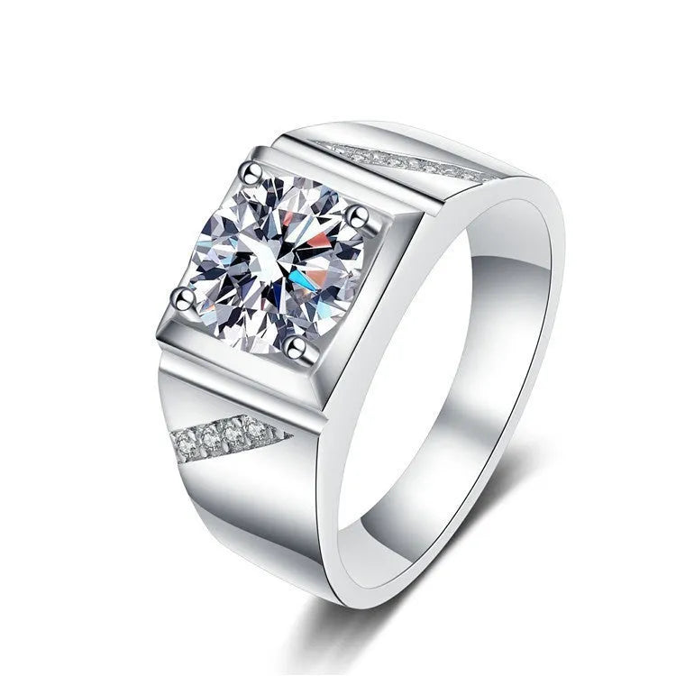 Men's large square diamond copper ring with adjustable opening in gold or platinum finish