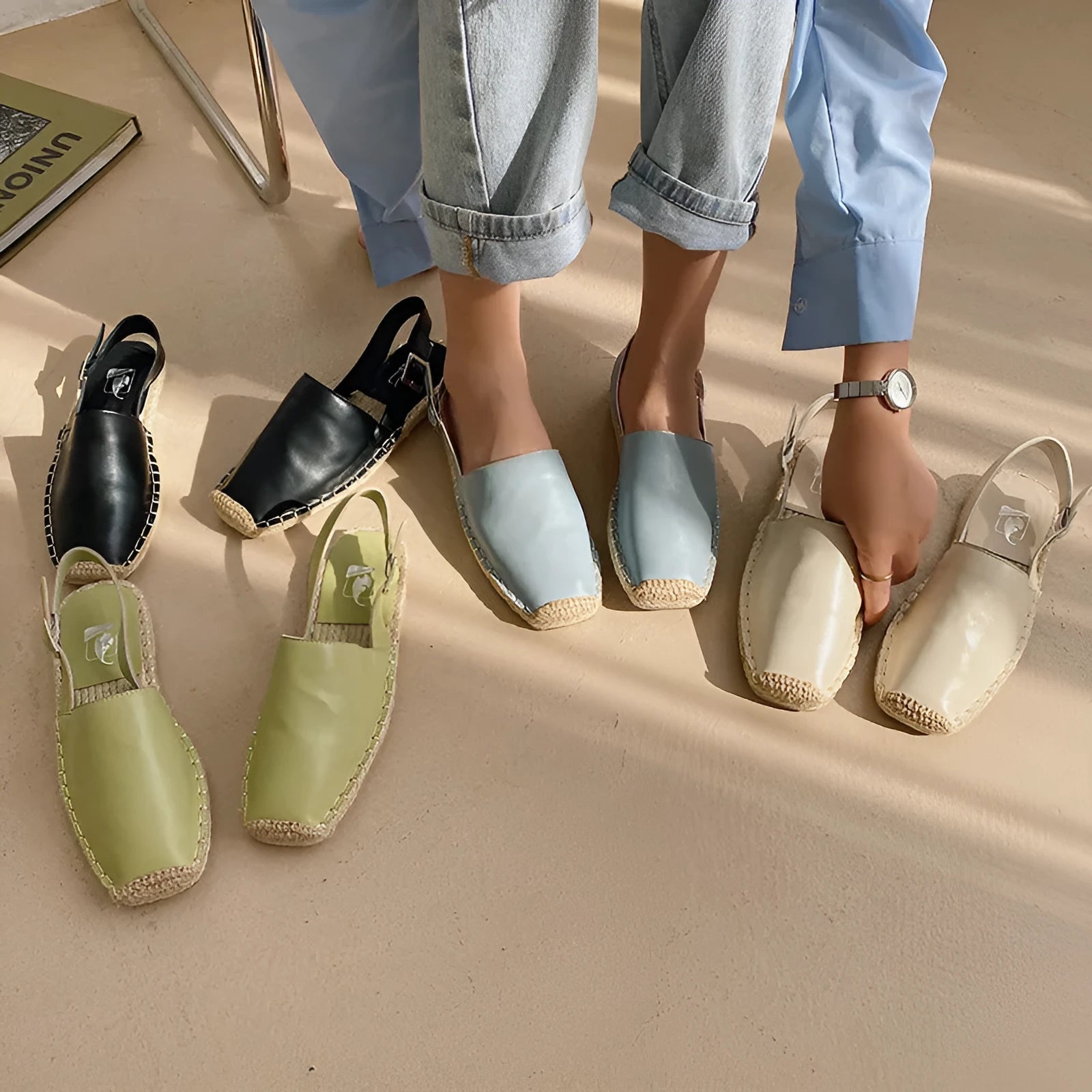Women's beige retro fisherman flat sandals with canvas and soft leather upper on a flat sole.