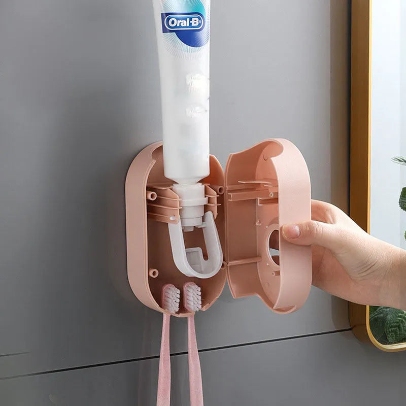 Second generation plastic toothpaste dispenser in green and pink, non-punching mount, 15cm height, high-quality polypropylene