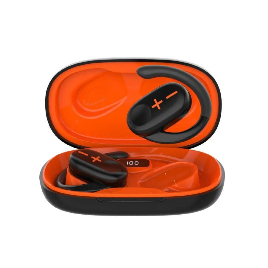 Semi-in-ear wireless Bluetooth headset in black orange, PC ABS build, sport style