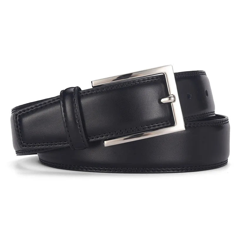 Men's black genuine leather belt with a silver pin buckle shown on a flat surface
