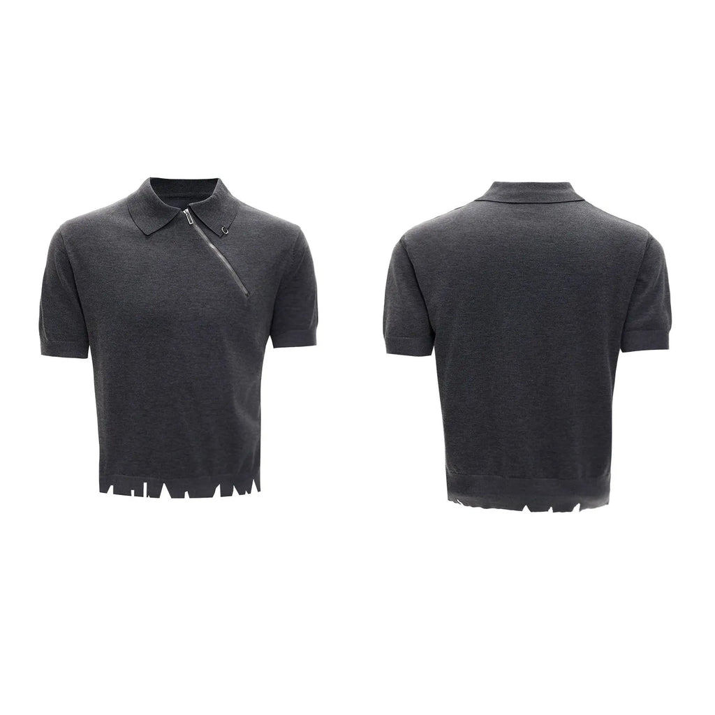 Men's slim-fit knitted polo shirt with oblique zipper lapel collar in solid colour