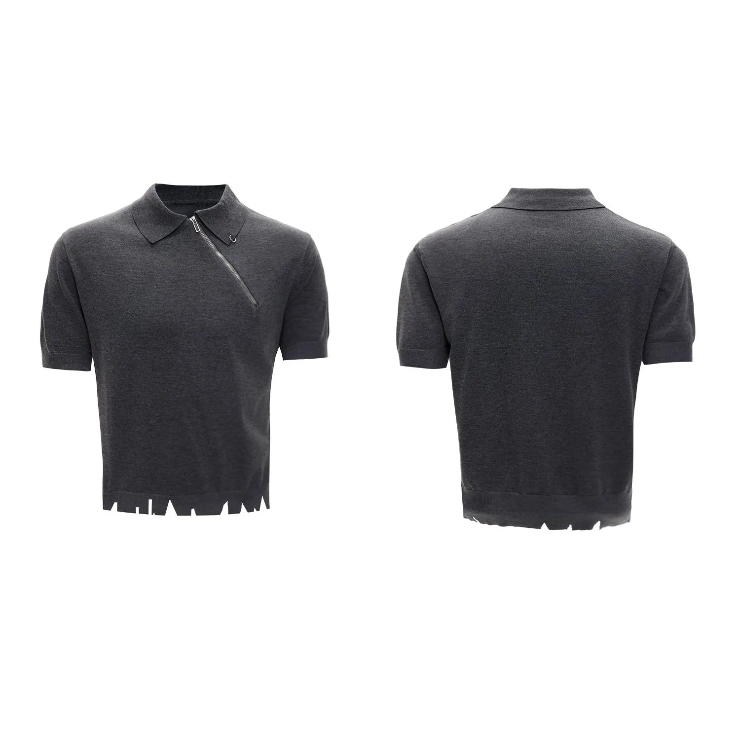 Men's slim-fit knitted polo shirt with oblique zipper lapel collar in solid colour