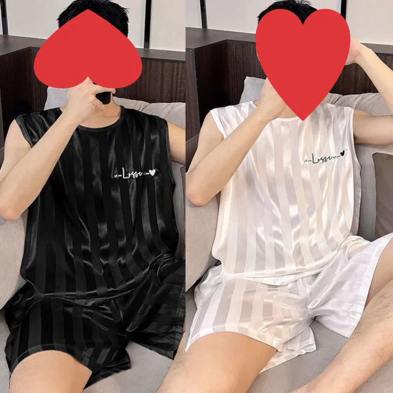 Men's ice silk vest and shorts pajama set in solid colour with embroidery, summer sleepwear