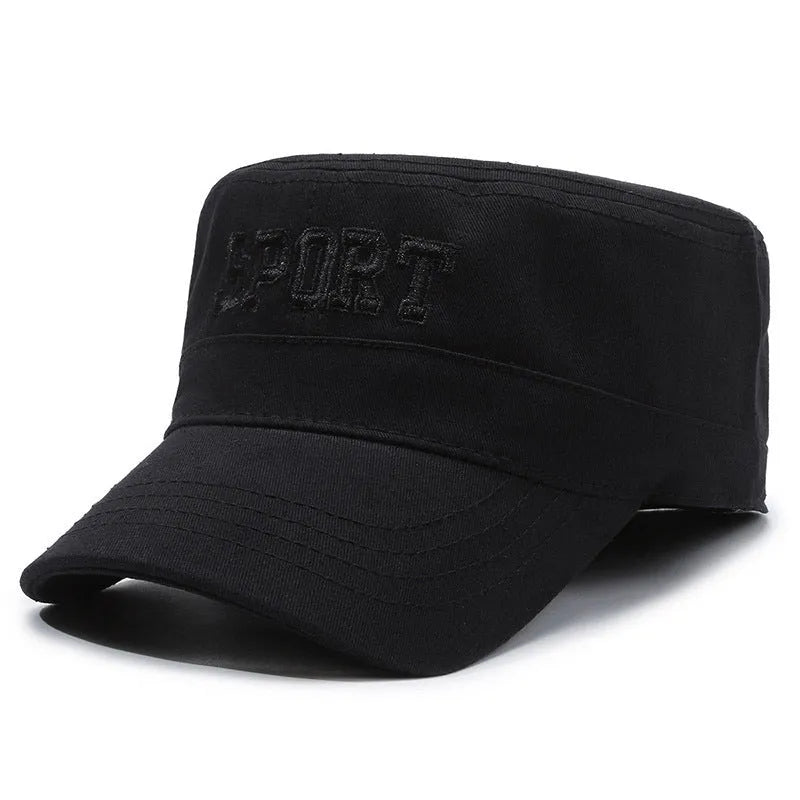 Men's adjustable flat-top cotton peaked cap in army green with English letter detail.