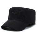 Men's adjustable flat-top cotton peaked cap in army green with English letter detail.