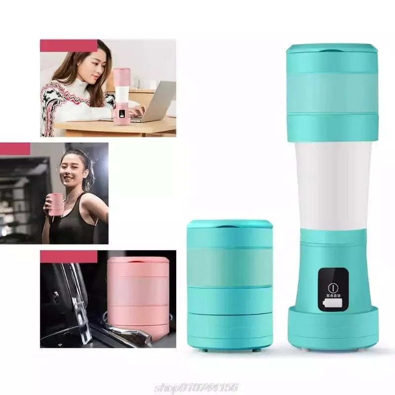 Blue mini portable blender with stainless steel blades, shown extended and folded next to a USB cable.