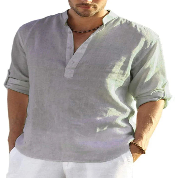 A stylish linen blend long sleeve shirt in various colors, featuring a tailored fit and stand collar design.