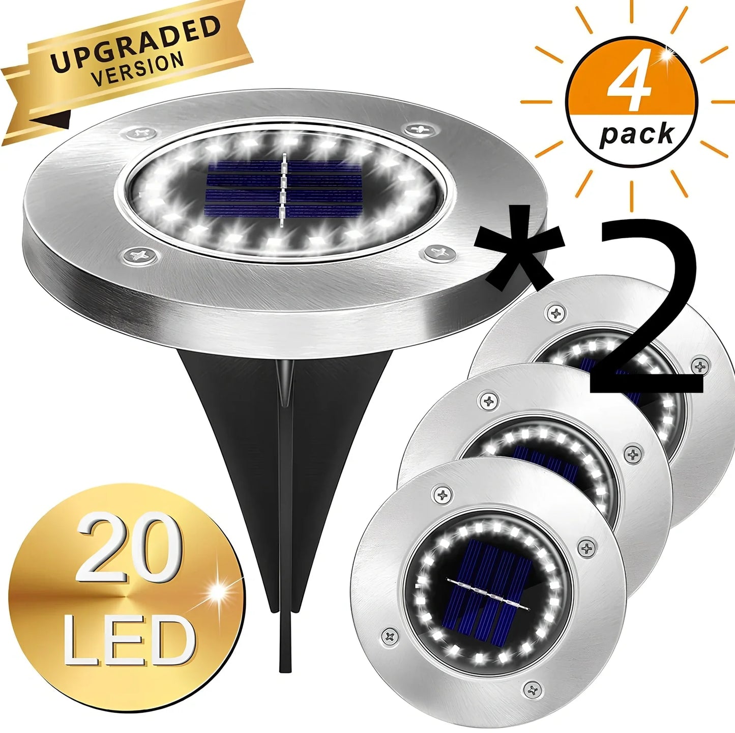 8LED waterproof solar garden light staked in lawn with warm glow, IP65 rated for rain resistance