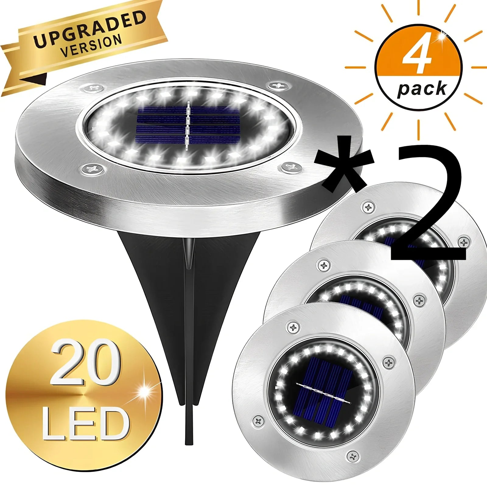 8LED waterproof solar garden light staked in lawn with warm glow, IP65 rated for rain resistance