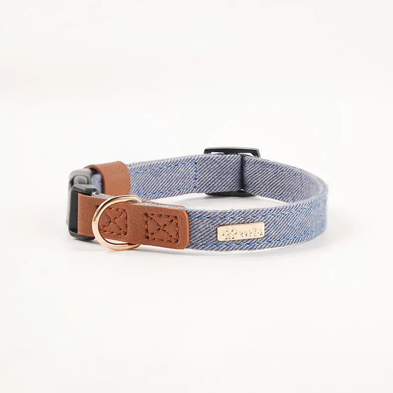 Adjustable mohair dog collar with nameplate and hand holding rope in cement gray