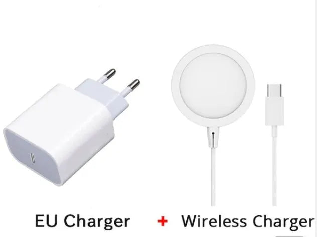 Silver metal MagSafe wireless charger for iPhone on a wooden surface.