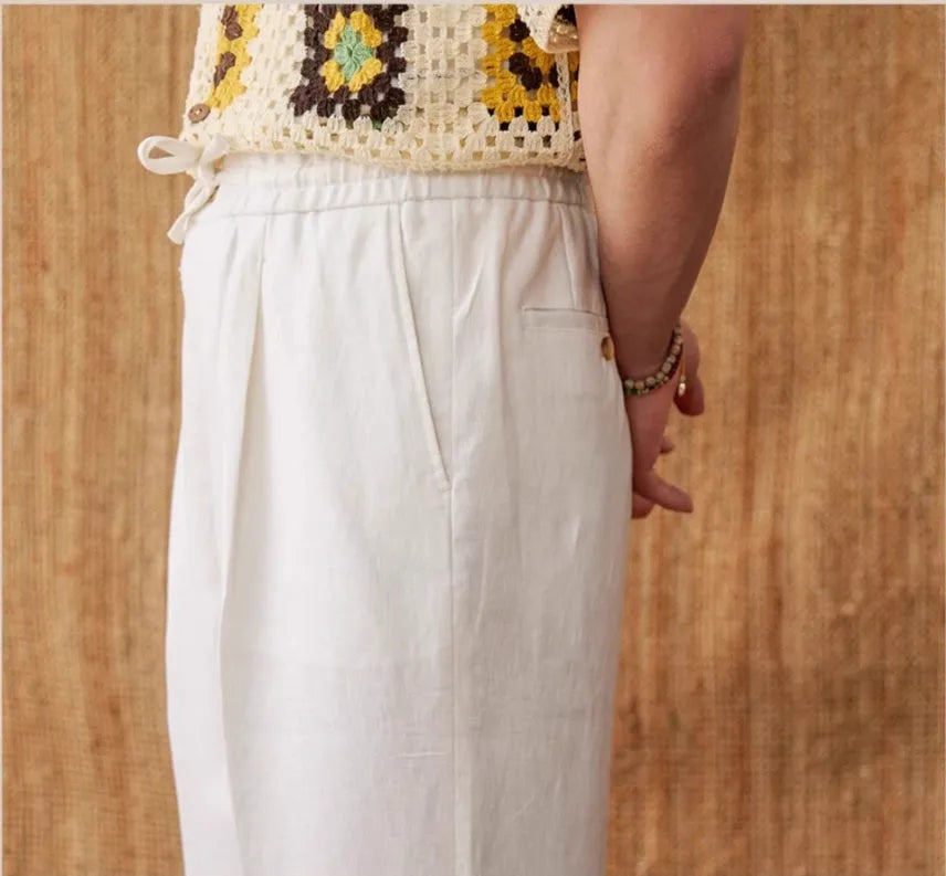 Linen high waist trousers with elasticated lace waistband in straight-leg cut