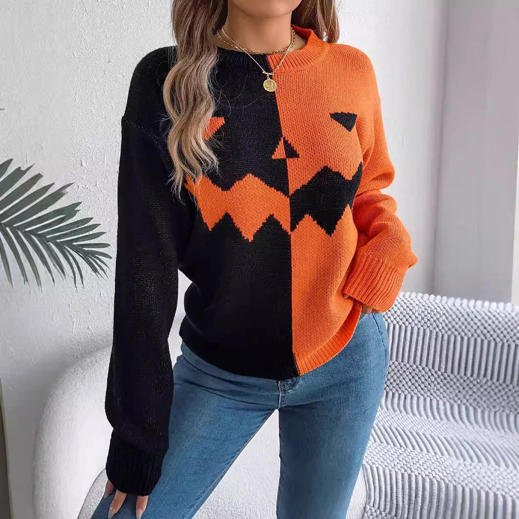 Spooky Chic Halloween Pullover Sweater in Orange, Khaki, and Grey colors with ghost print design