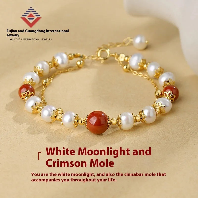 Sterling silver double-layer bracelet with freshwater pearls in white moonlight and cinnabar mole colours