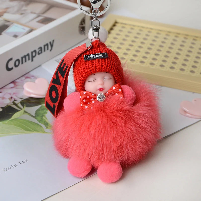 Hand-woven fox fur sleeping doll plush keychain pendant with or without bow
