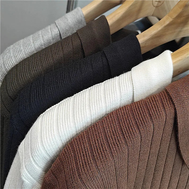 Boys loose elastic knitted sweater with lapel collar and striped texture in modal rabbit fur blend