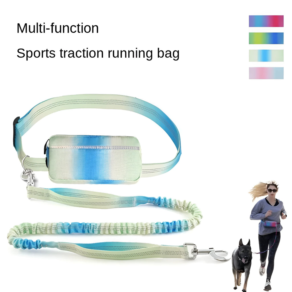 Blue hands-free adjustable dog leash with waist belt, shown extended to full length.