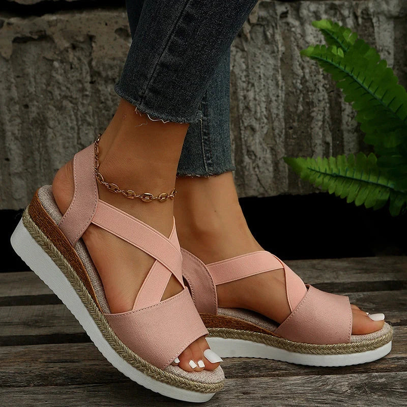 Women's cross-strap platform gladiator sandals with hemp heel in various colours
