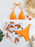 Women's three-piece bikini swimsuit set with solid colour swimwear and printed gauze skirt