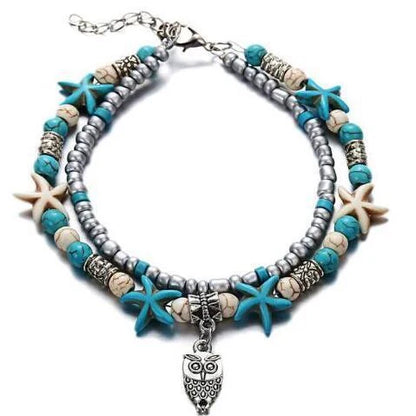 Green and blue star fish anklet for women, beach foot jewelry